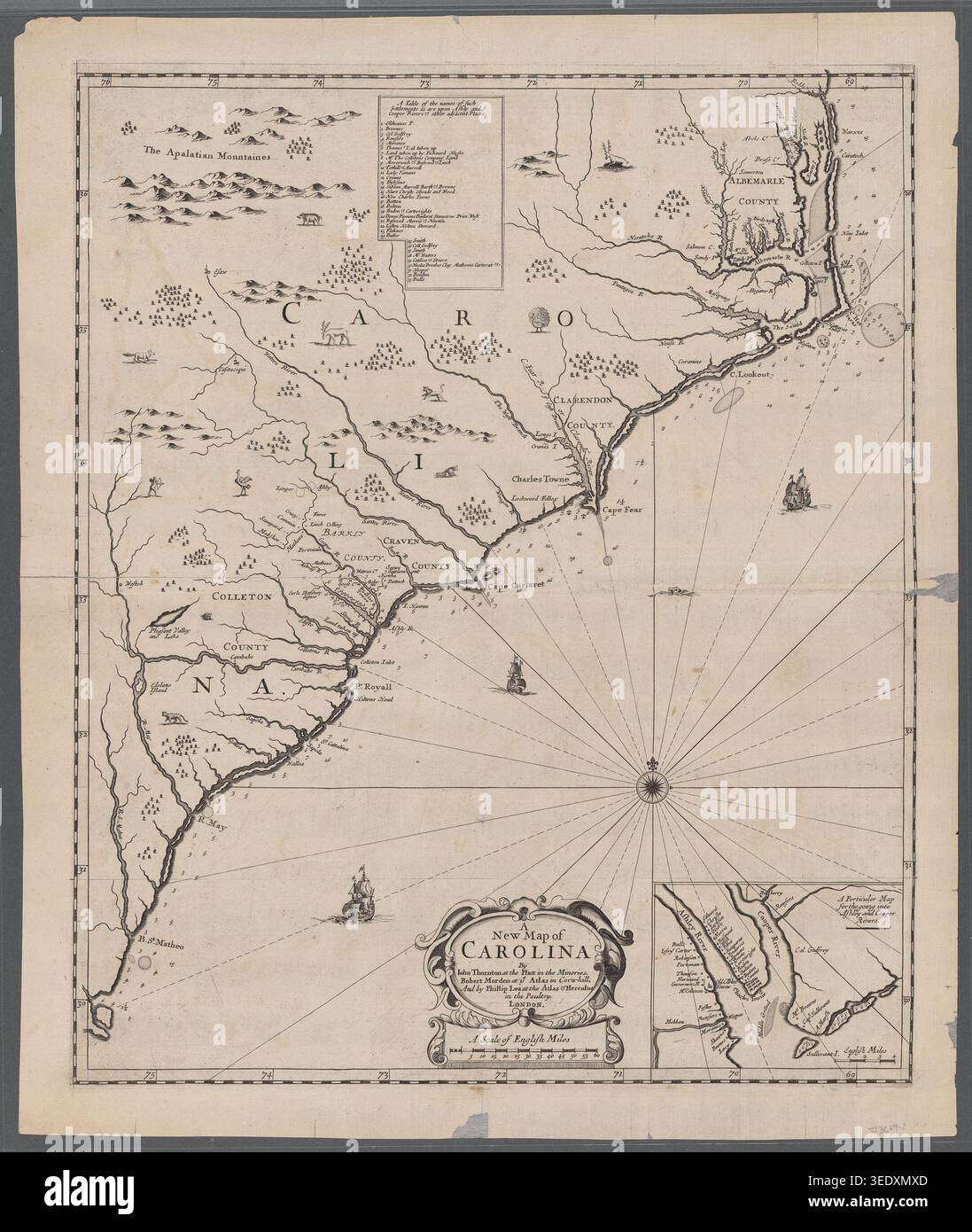 Historic illustration of colonial Carolina from an antique engraved map ...