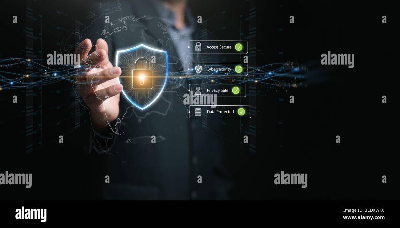 Business hand holding global cybersecurity shield with a digital lock inside a globe. Data protected, privacy safe, secure access, cyber defense, glob Stock Photo