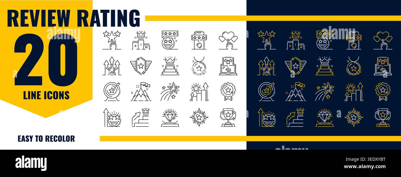 Review and rating stars, ranking pictograms and best quality icons ...