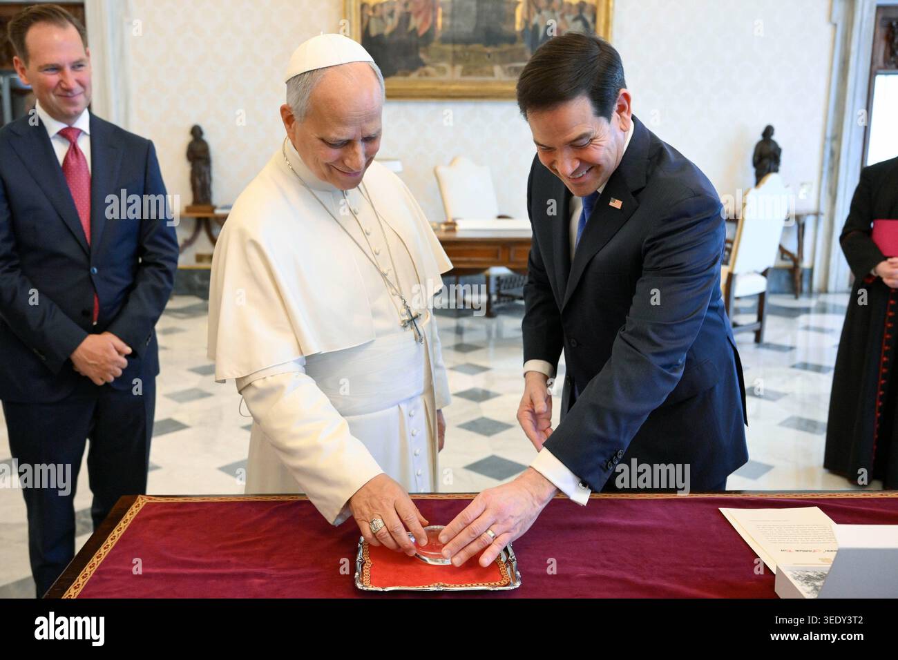 Vatican, Vatican City. 07th May, 2026. Pope Leo XIV holds a private audience with U.S. Secretary of State Marco Rubio in The Vatican on Thursday, May 7, 2026. Photo by Vatican Media/UPI Credit: UPI/Alamy Live News Stock Photo