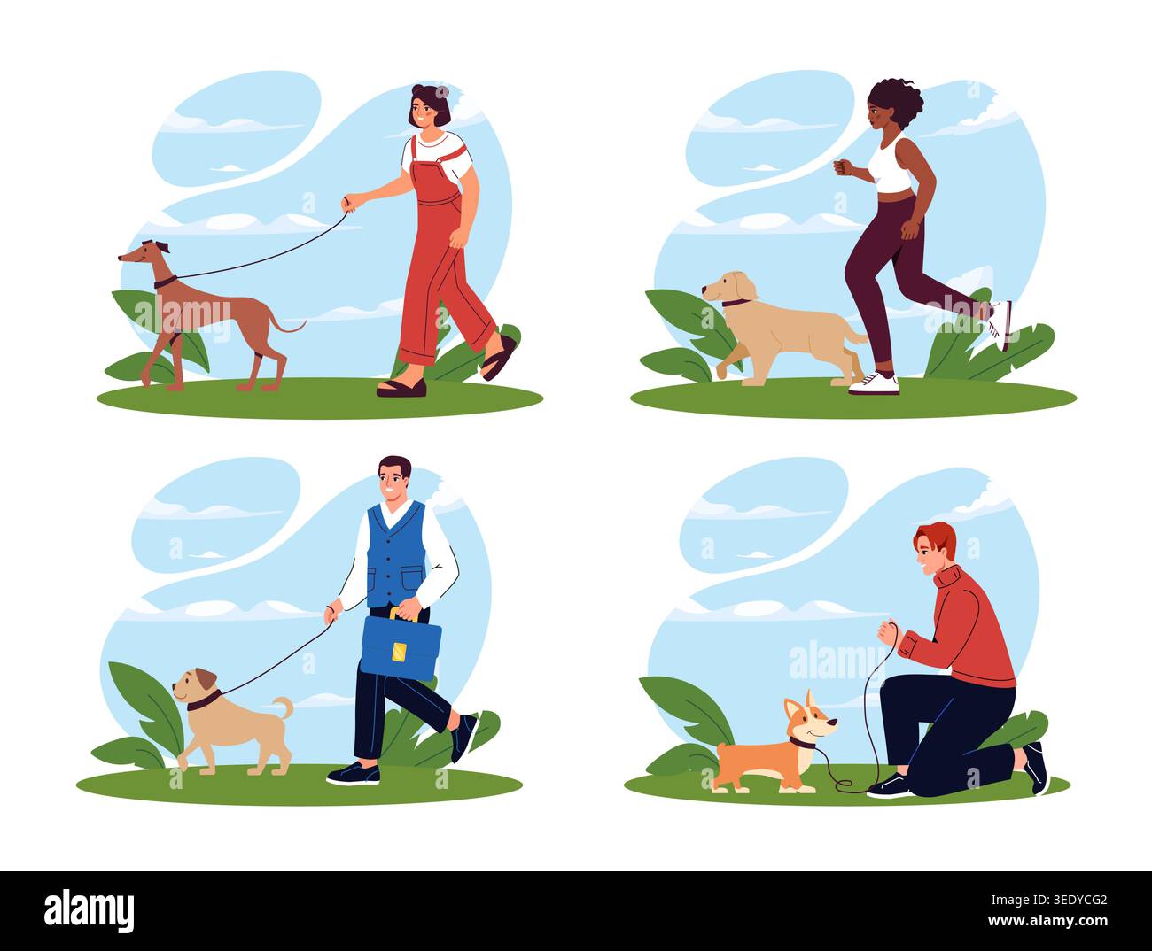 People walking dogs outdoors. Vector illustration Stock Vector