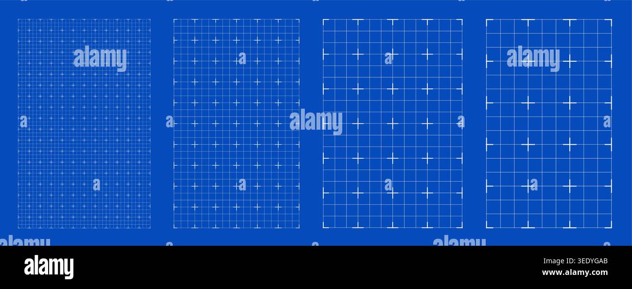 Blueprint grid set micro cross geometry, four scale variations. Wide medium dense micro spacing comparison, engineering layouts dashboards notebook pages interface planning systems technology graphics Stock Vector