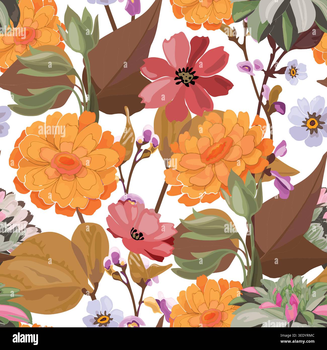Vector floral seamless pattern. Red, orange flowers on a white Stock Vector
