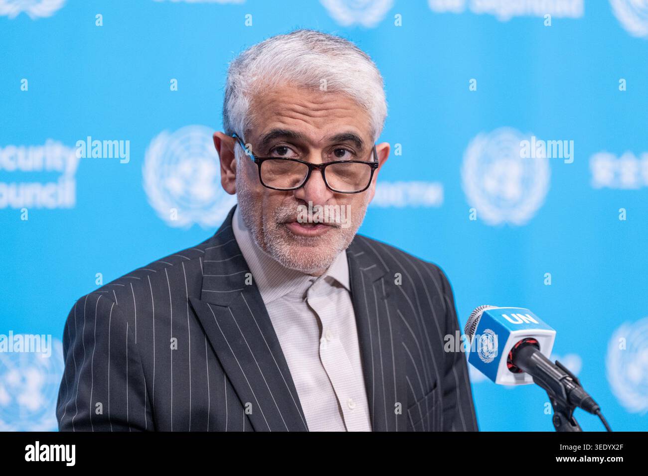 Ambassador Amir Saeid Iravani of Iran speaks to reporters at UN ...