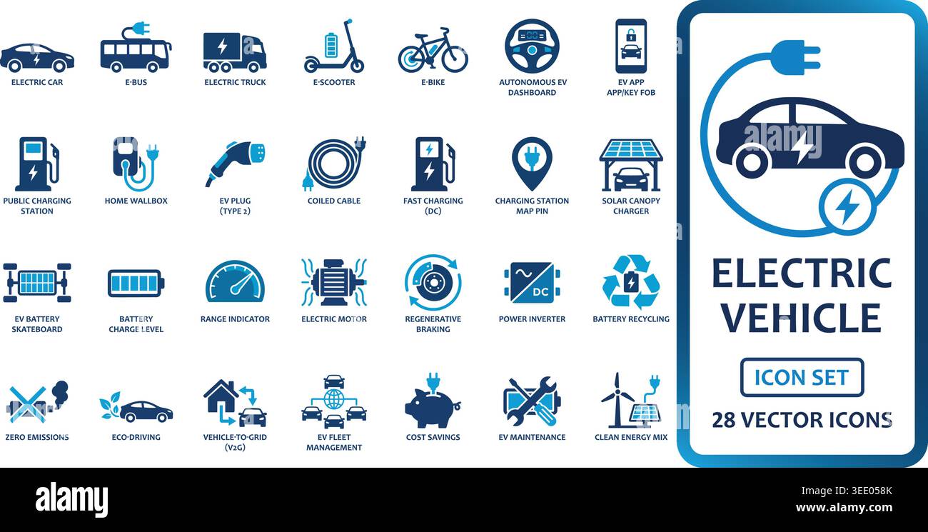Comprehensive collection of blue electric vehicle icons featuring ...