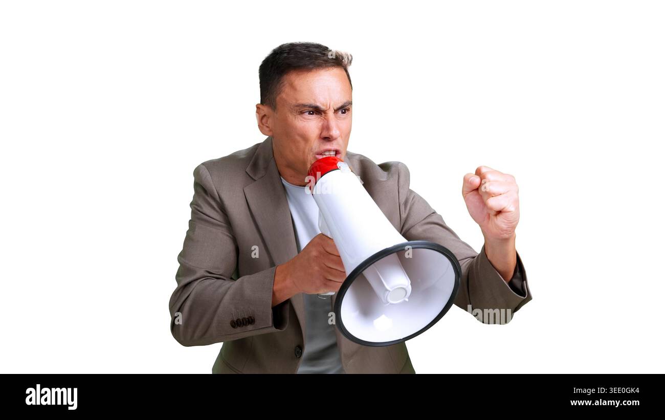 Man shouting into megaphone protesting and raising fist Stock Photo