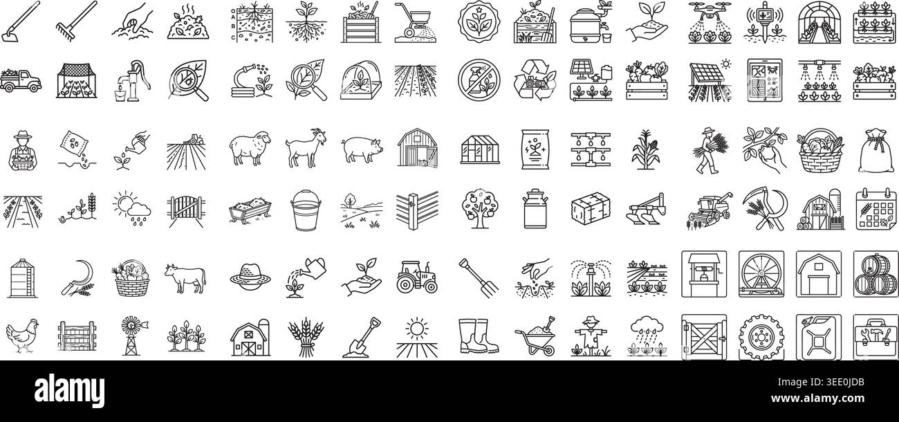 Collection of agriculture and farming icons. Features include crops ...