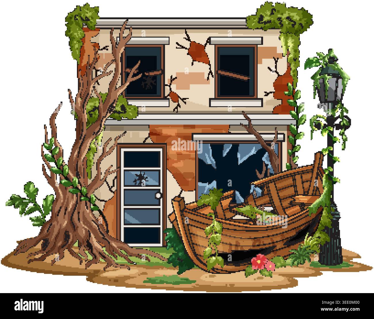 Crumbling Svg Crumbling brick building, shattered windows, overgrown plants, and ...