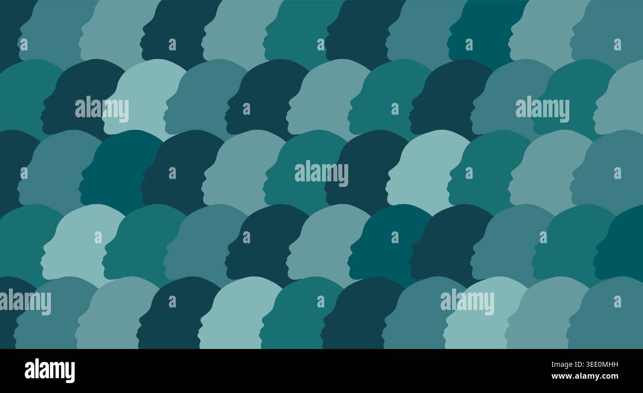 Abstract Teal Blue Human Head Silhouettes Crowd Background Stock Vector