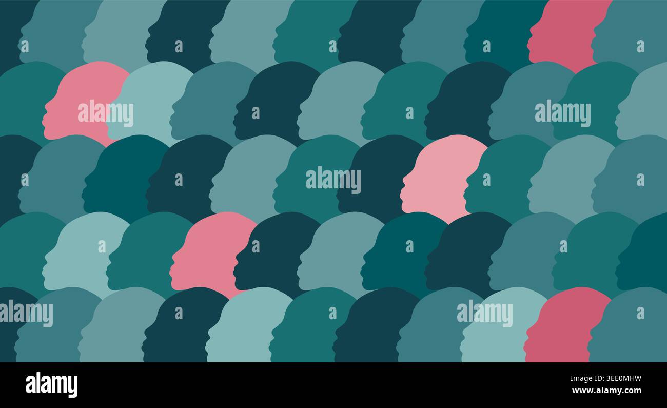 Several Pink Head Silhouettes Standing Out in Teal Blue Crowd Stock Vector