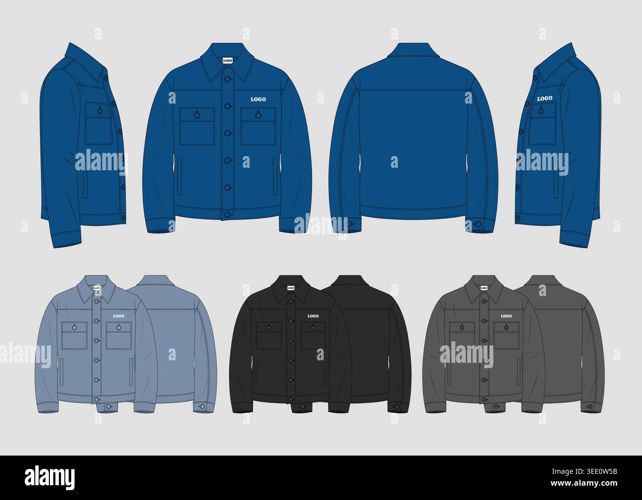 Vector Illustration of a Classic Denim Jacket Technical Sketch in Four Color Options for Apparel Production Stock Vector