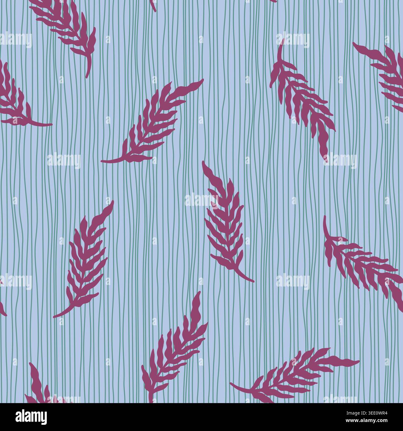 Folk Botanical Striped Leaf Pattern Blue Stock Vector