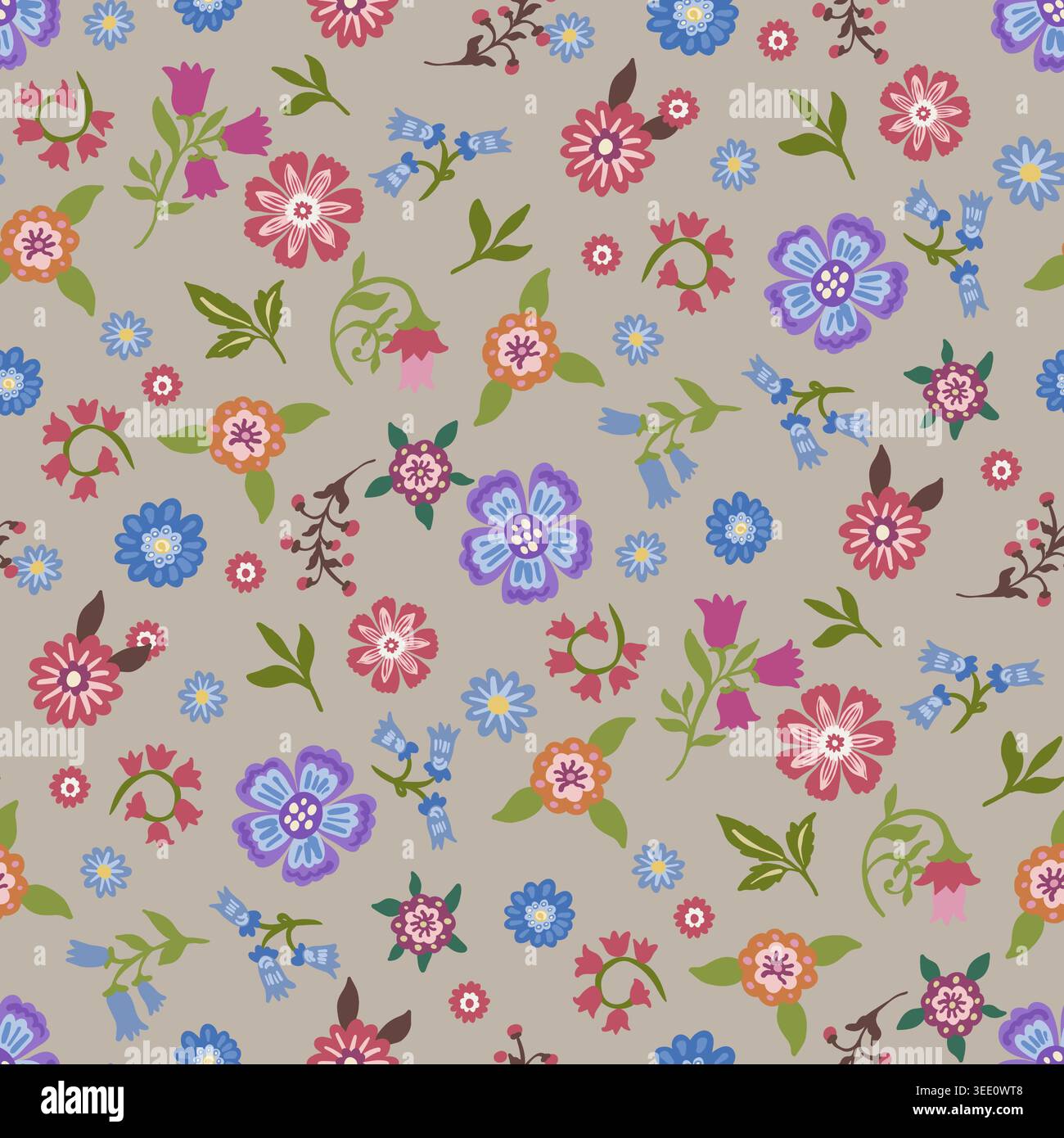 Grey Ditsy Folk Floral Botanical Pattern Stock Vector