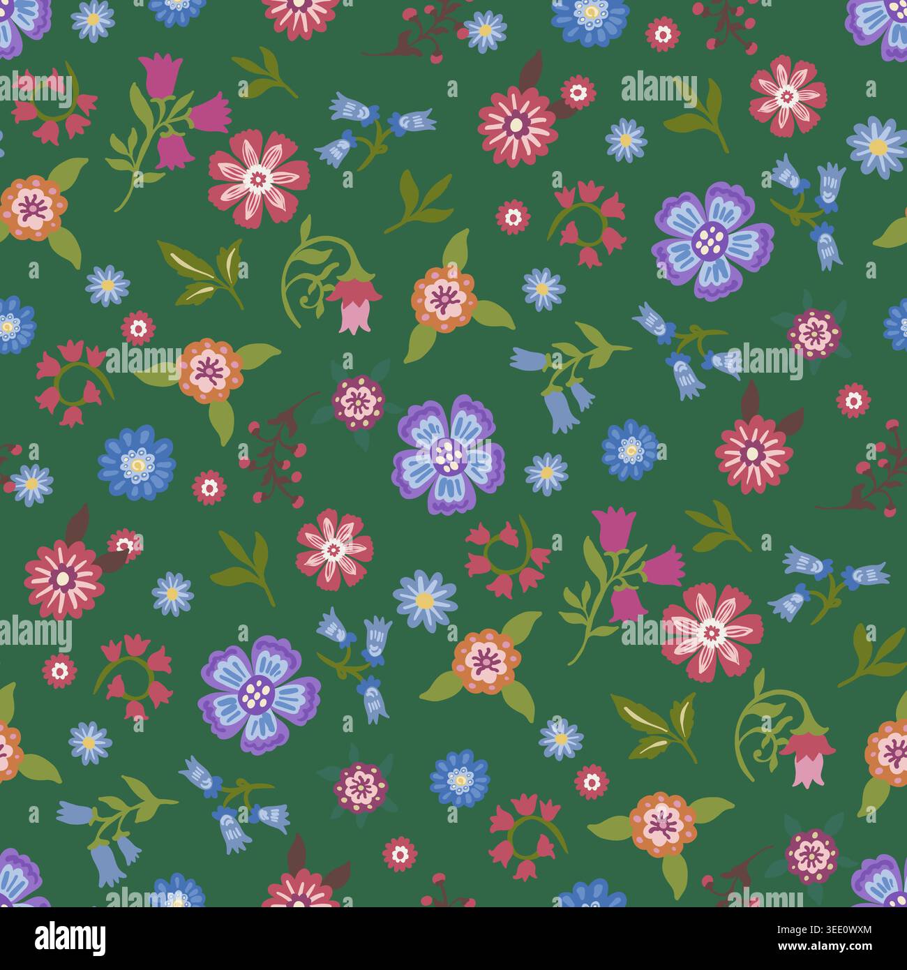 Green Ditsy Folk Floral Botanical Pattern Stock Vector