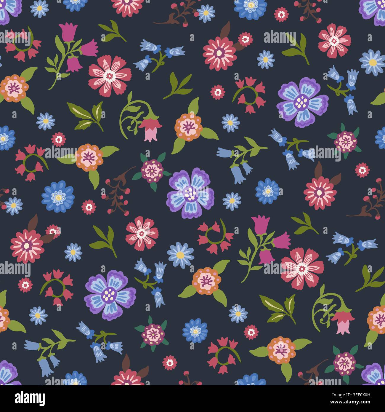 Navy Ditsy Folk Floral Botanical Pattern Stock Vector