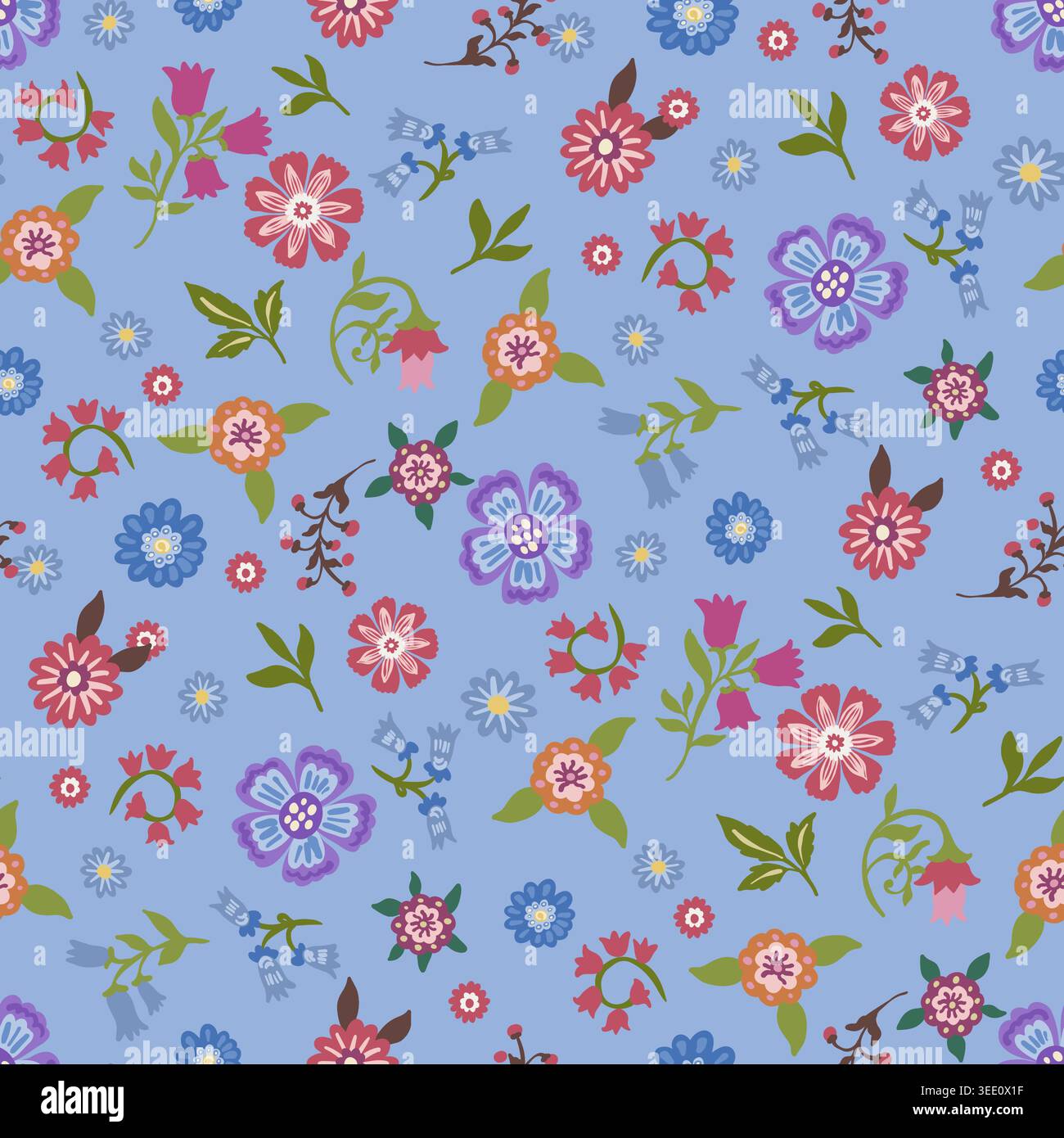 Light Blue Ditsy Folk Floral Pattern Stock Vector