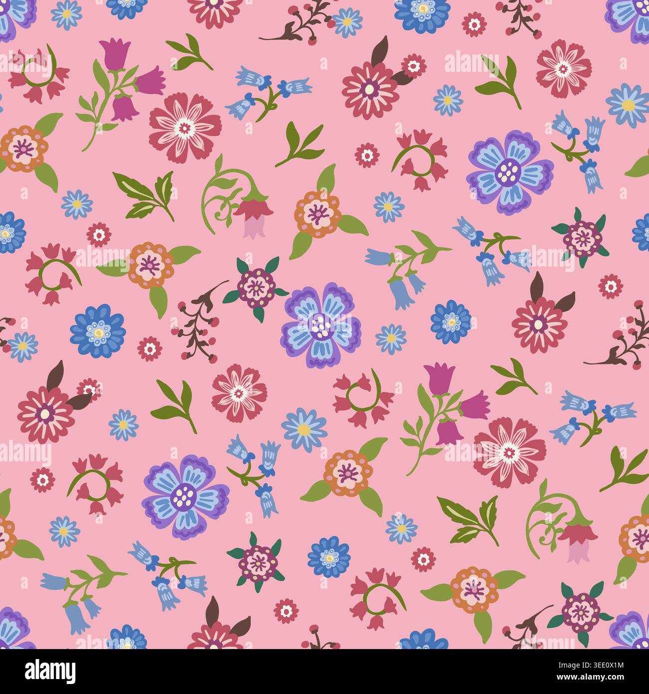 Pink Ditsy Folk Floral Botanical Pattern Stock Vector