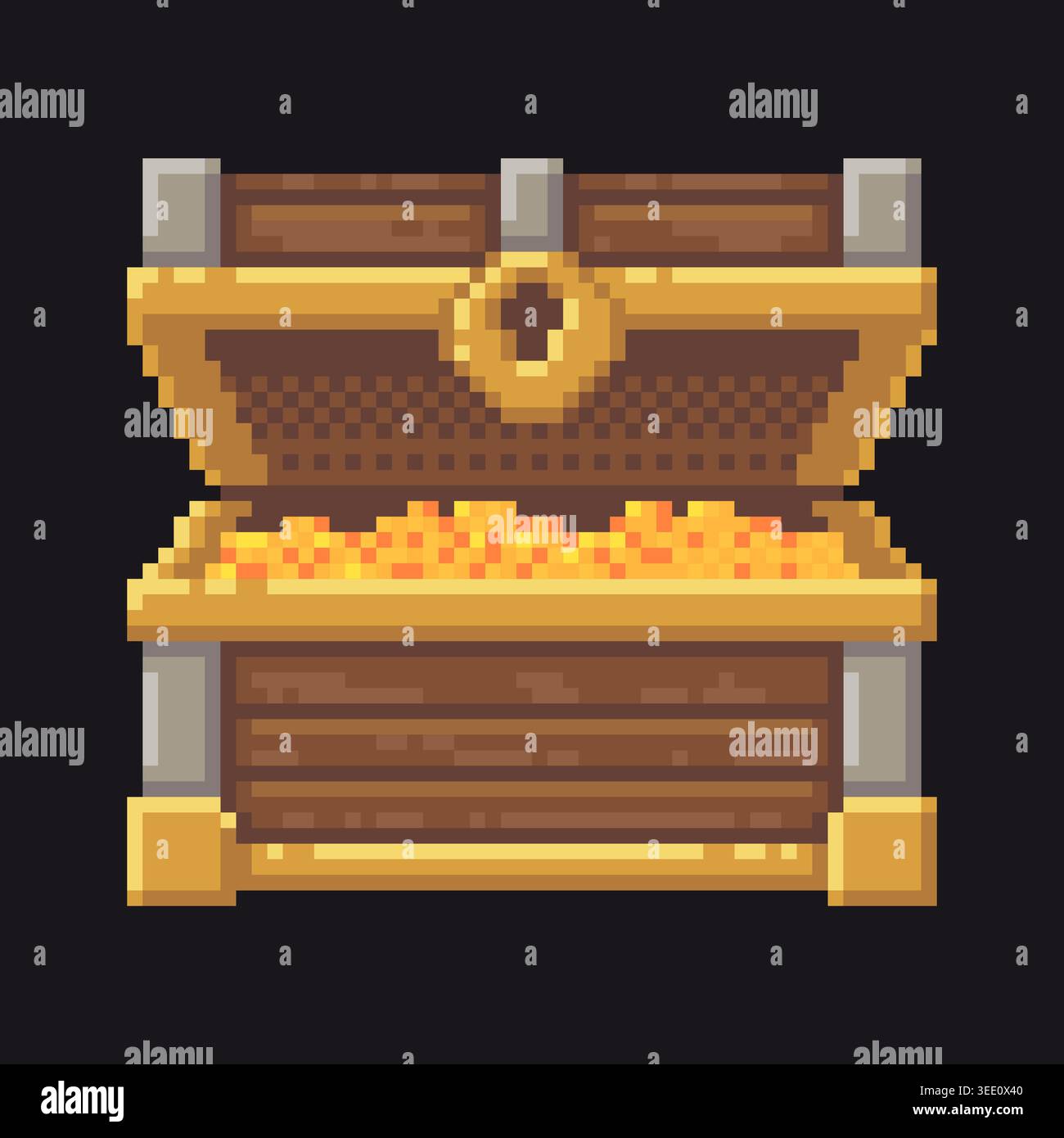 Pixel open treasure chest with gold coins Stock Vector