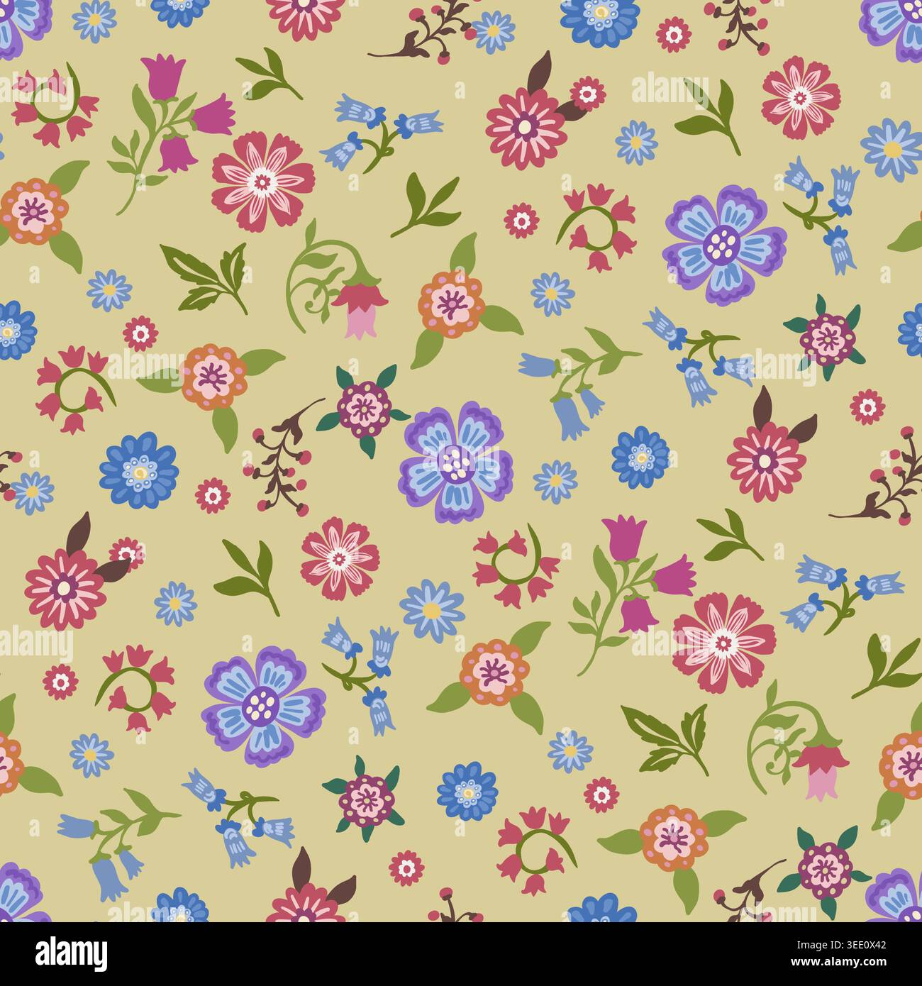 Yellow Ditsy Folk Floral Botanical Pattern Stock Vector