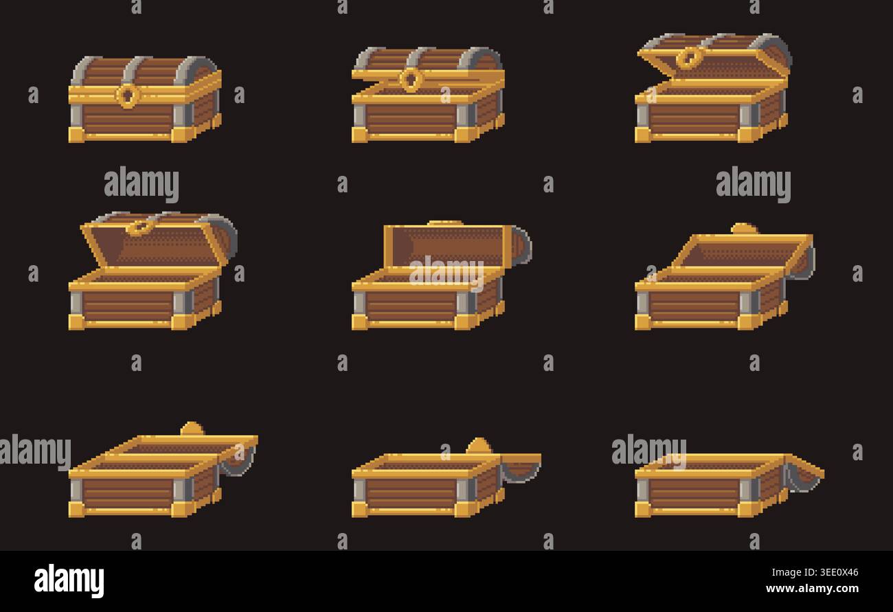 Pixel treasure chest opening frames animation set Stock Vector