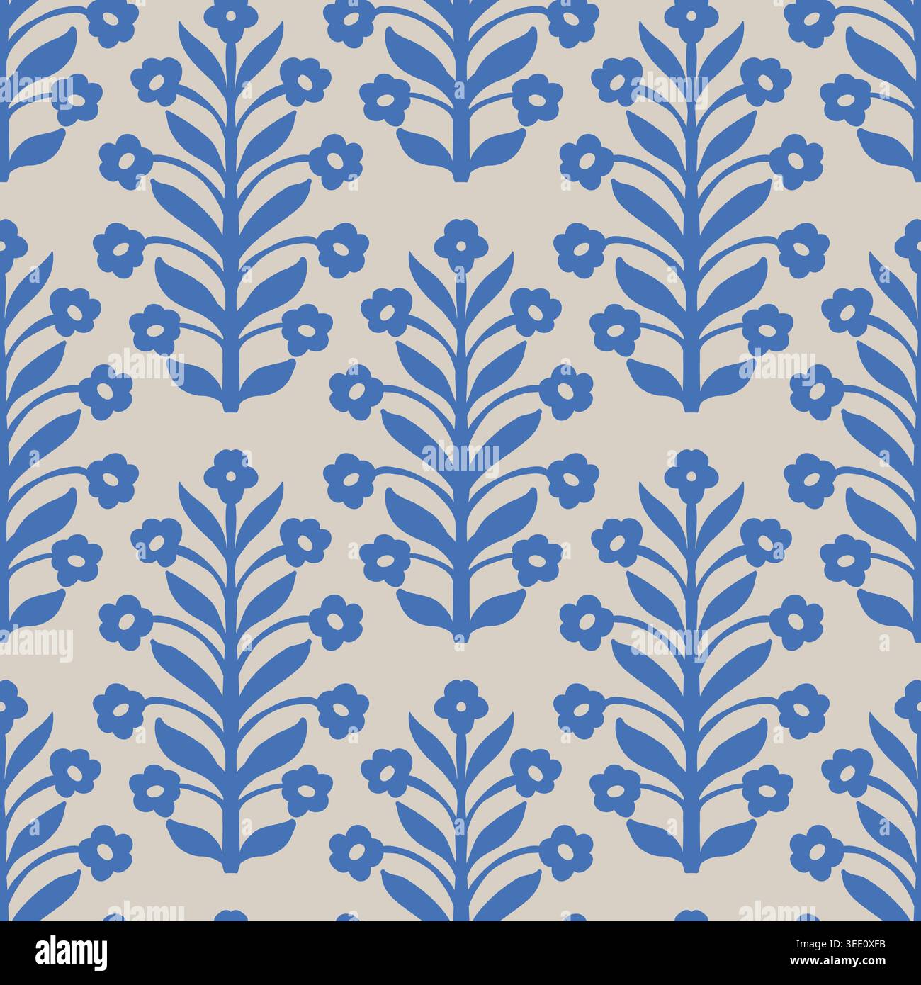 Beige Blue Folk Floral Branch Pattern Stock Vector