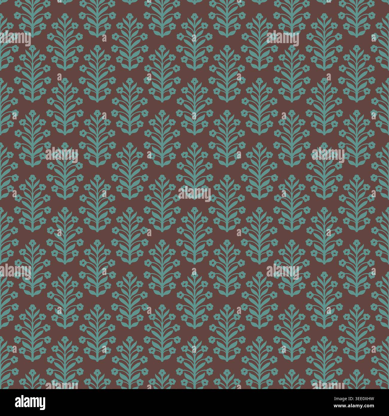 Brown Teal Folk Floral Branch Pattern Stock Vector