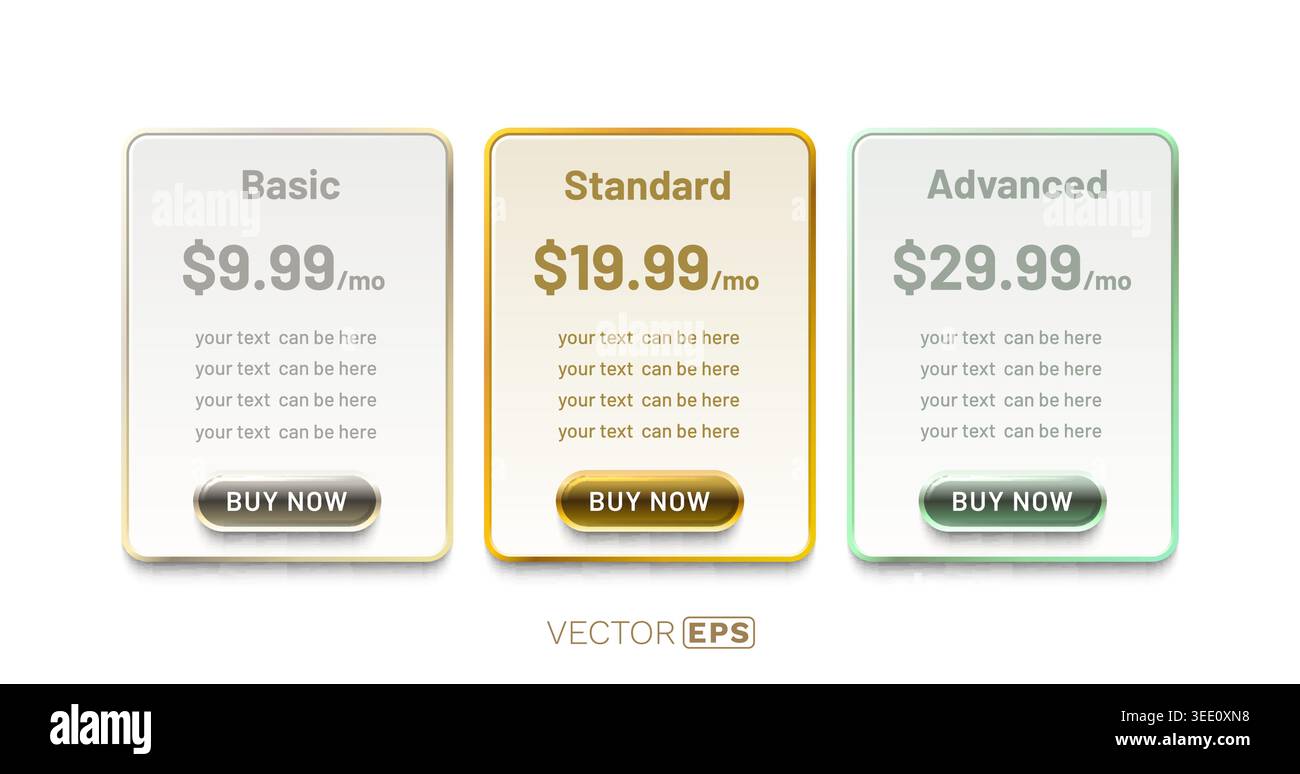 Sleek pricing tables with Basic, Standard, and Advanced subscription plans, a modern UI element. Vector illustration. Stock Vector
