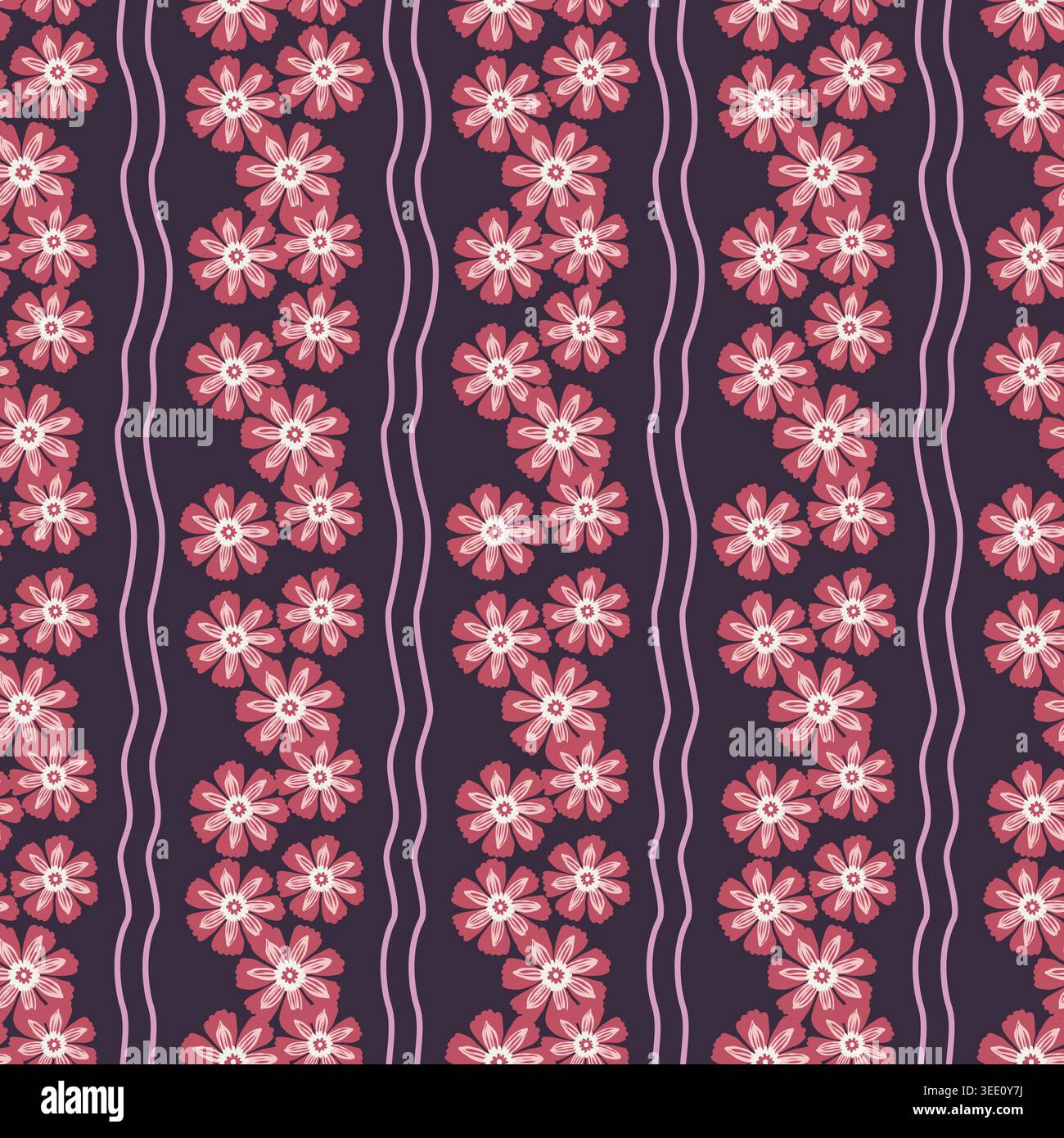 Dark Purple Wavy Floral Stripe Pattern Stock Vector