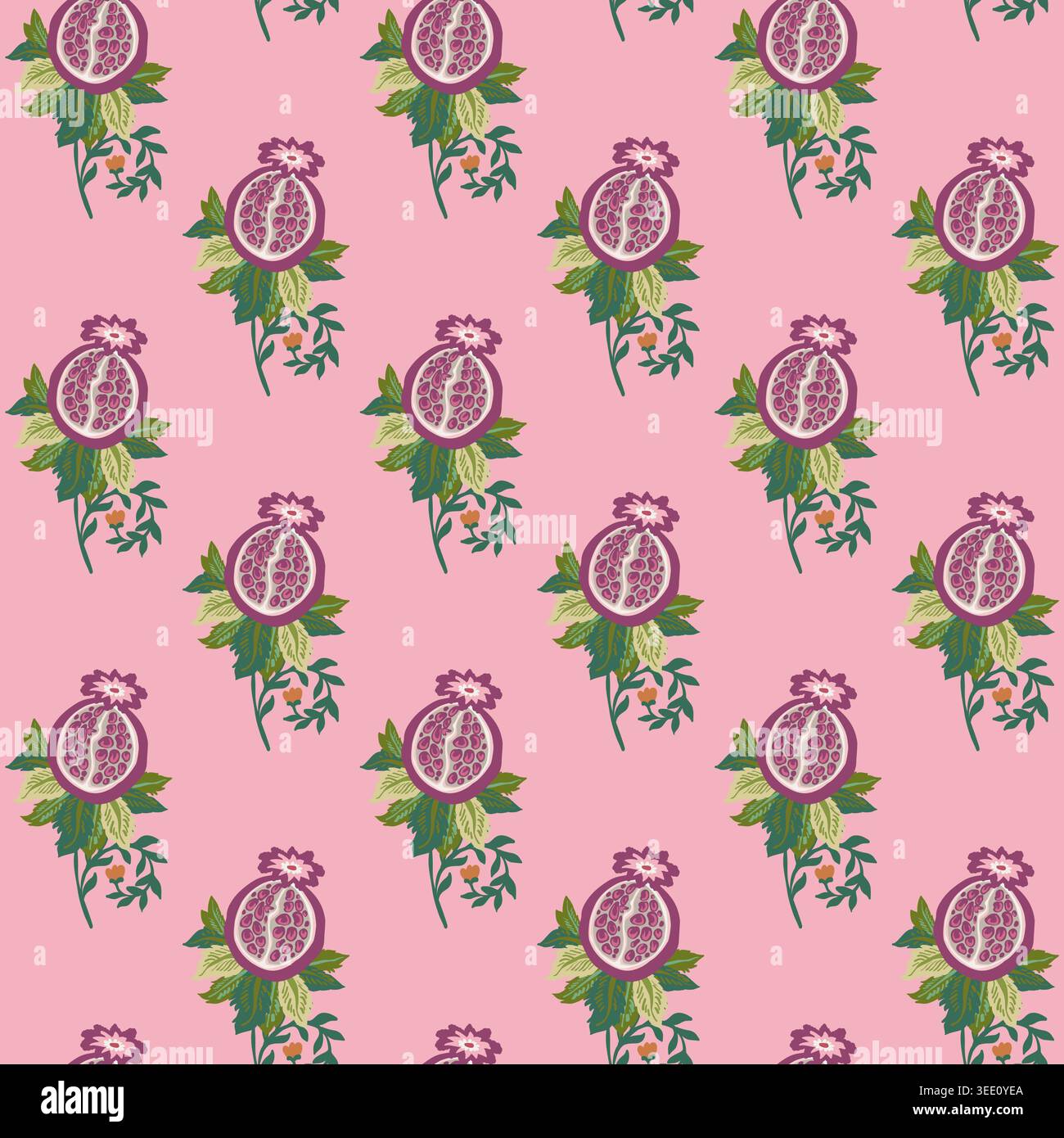 Pastel Pink Folk Pomegranate Floral Pattern Stock Vector