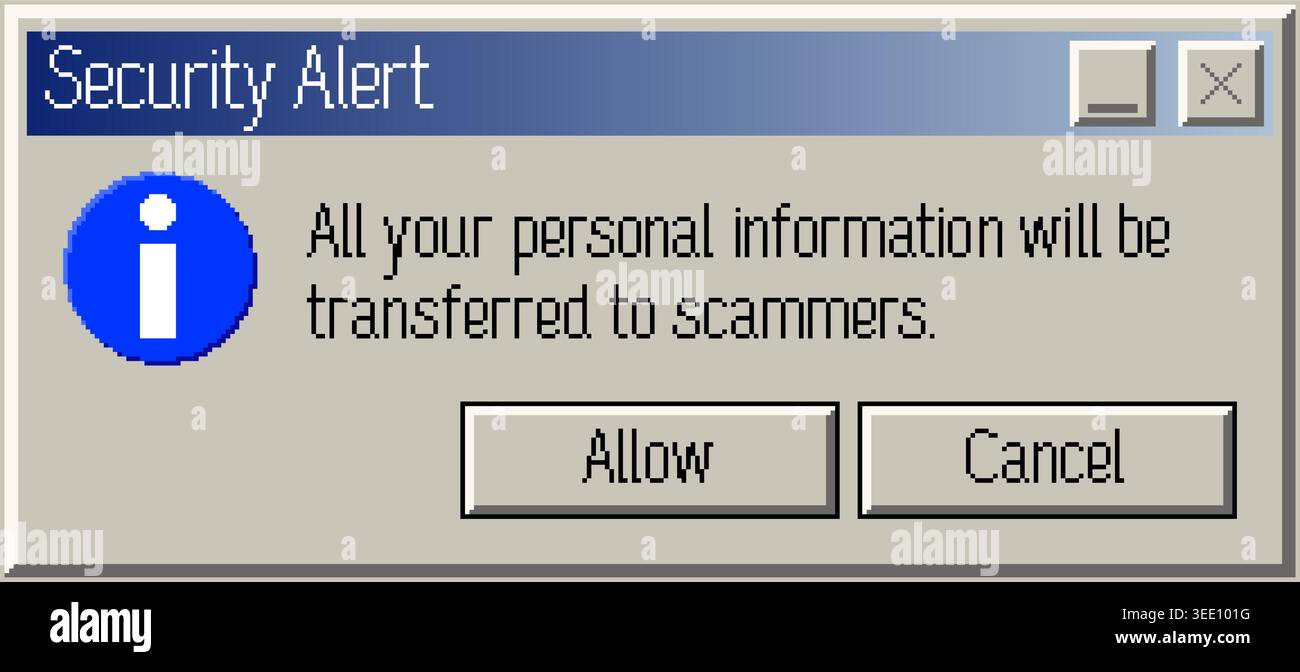 Funny pixel security alert popup warning about scammers, retro vector illustration Stock Vector