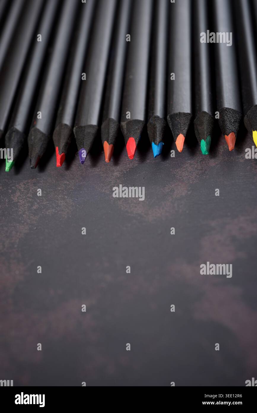 Pencils group on a wood table. Stock Photo