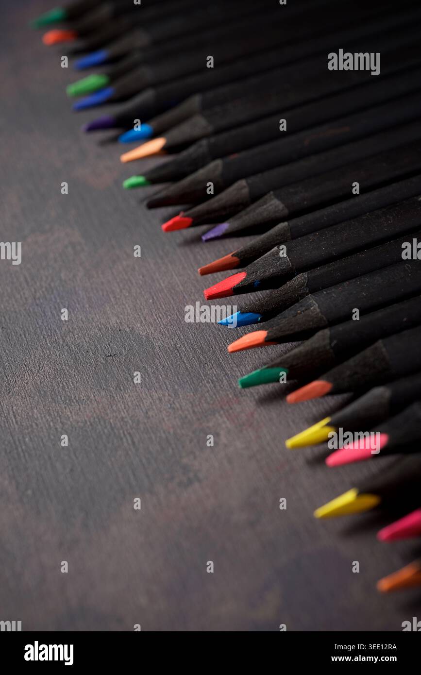Pencils group on a wood table. Stock Photo