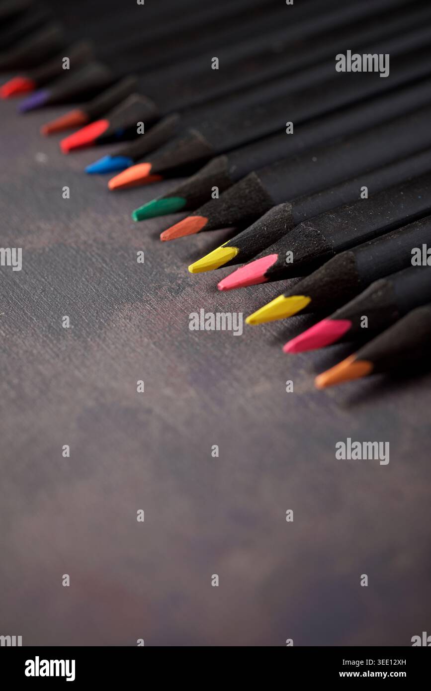 Pencils group on a wood table. Stock Photo