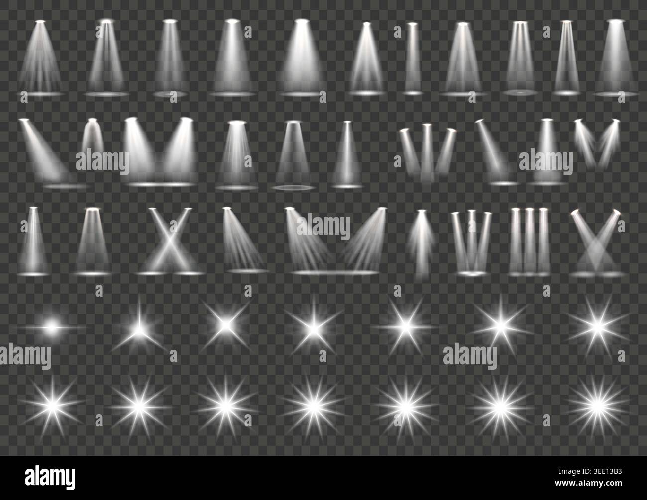 Glowing spotlight beams and sparkling flashes star shaped effect isolated on transparent background. Spotlight rays. Realistic vector set of lighting Stock Vector
