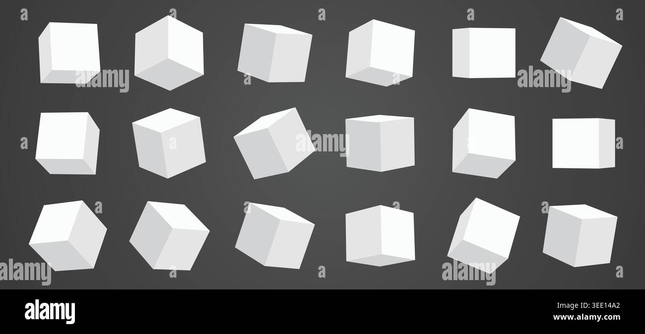 Cubes 3d shape with boxes geometric set for cube box rotation. Angles vector perspective with shadow simple white for modern math logic. Education Stock Vector