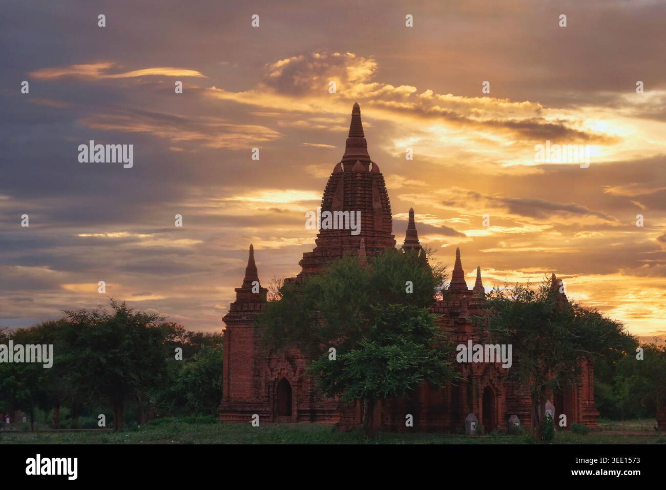 Bagan, ancient temples in mist at sunrise Stock Photo