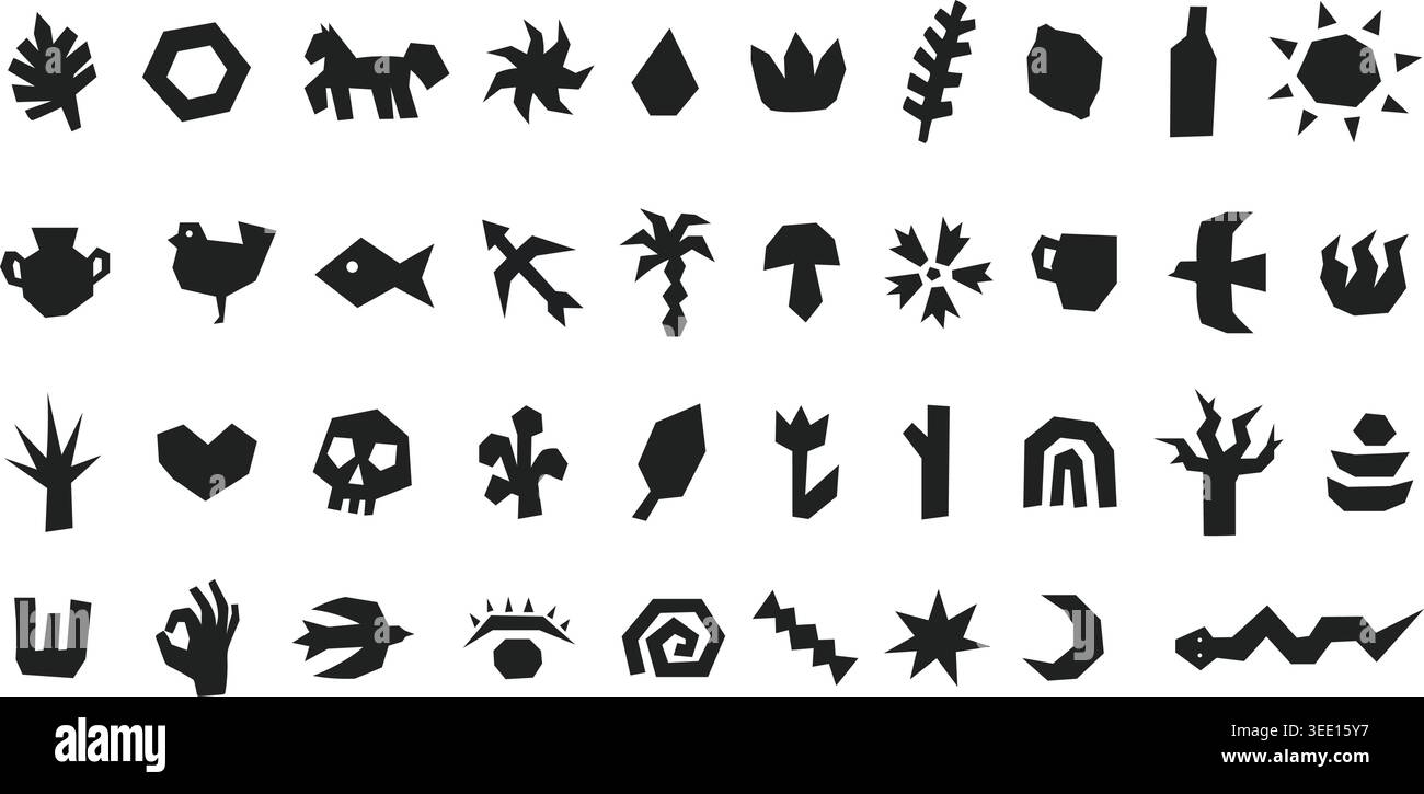 Abstract linocut geometric symbols set, primitive folk icons, black ...