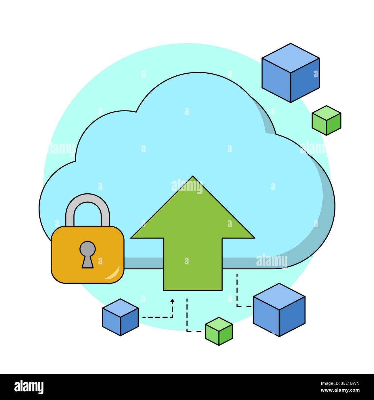 Secure cloud storage upload concept with data blocks and cloud computing, showing data backup process, encrypted file upload, and digital information Stock Photo