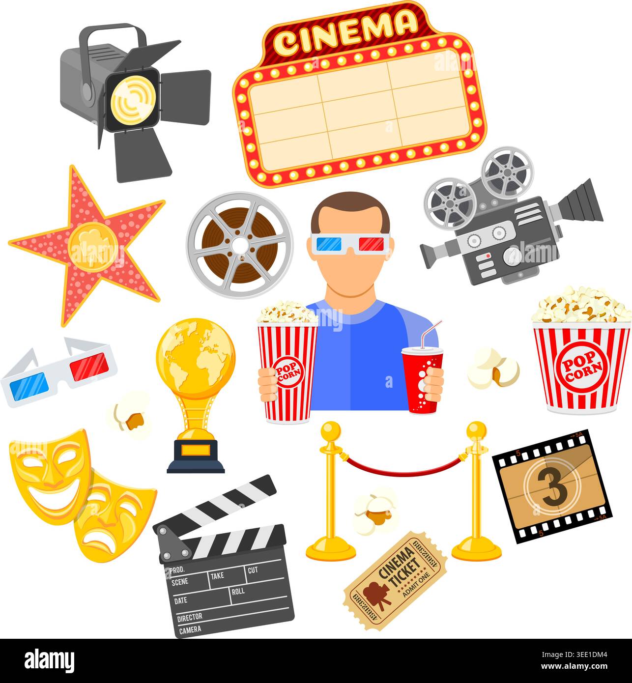 Cinema and Movie time concept with flat icons masks, 3D glasses, clapperboard and viewer with popcorn and soda in hands, isolated vector illustration Stock Vector