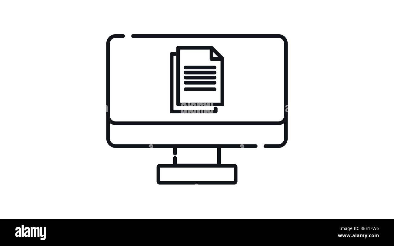 Computer document and text file icon: desktop PC with paper sheet on screen, minimalist black line art vector illustration for office work. Stock Vector