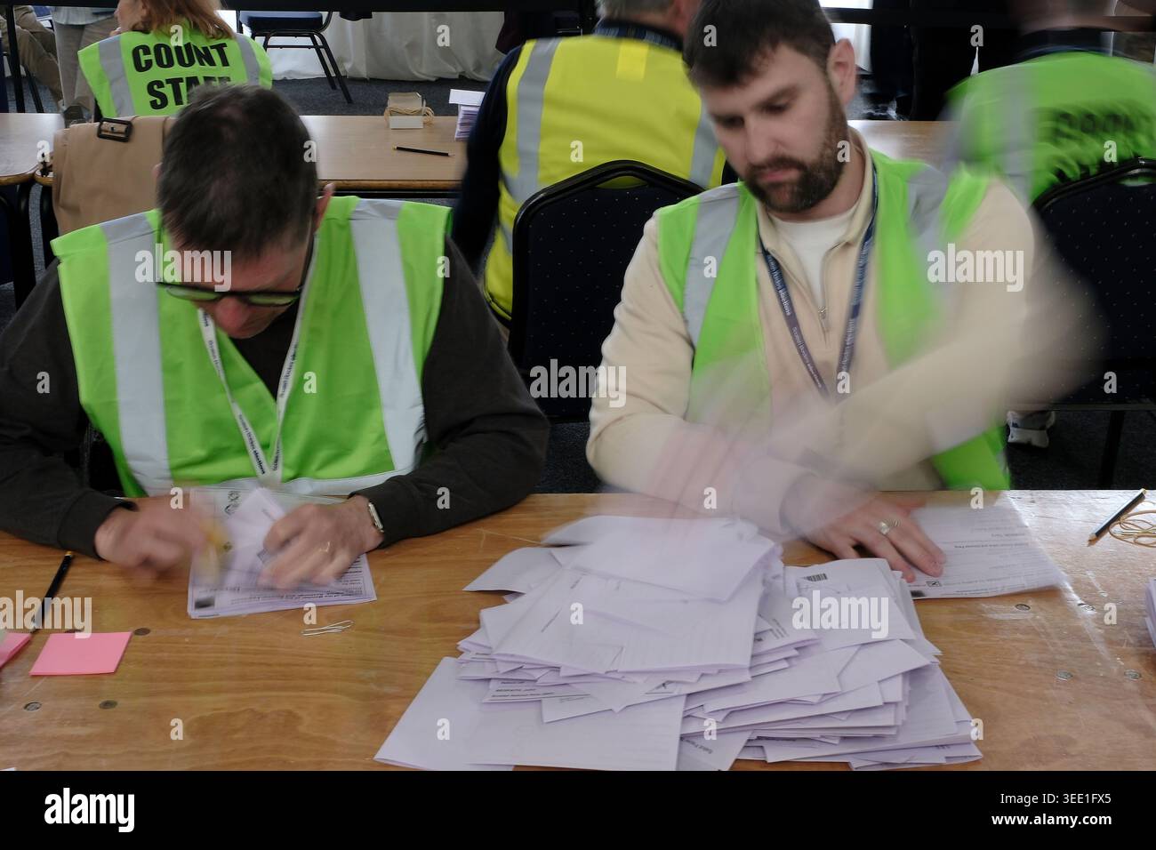 Scottish Parliament Election Count on Friday 08 May 2026, at Springwood Hall Kelso. Candidates:  Counting ongoing  (Image slow shutter speed blur intentional) (Photo: Rob Gray) Stock Photo