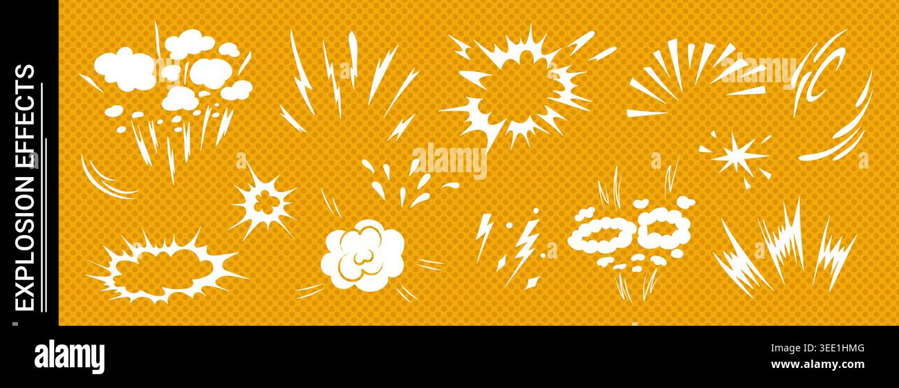 Explosive doodle comic action scene featuring dynamic burst effect vector illustration set. Stock Vector