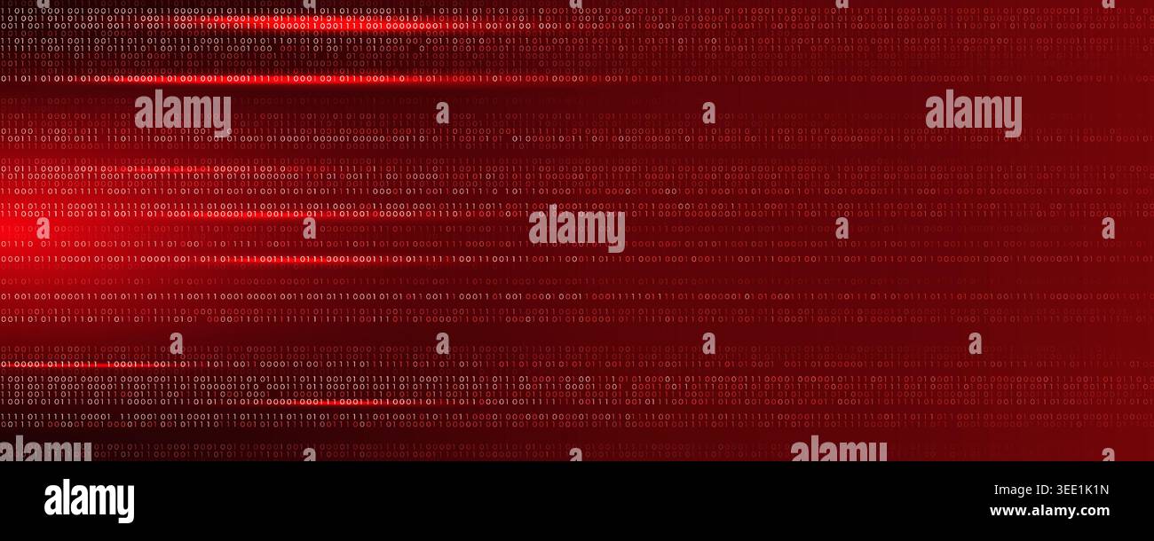 Virus Code Flow Red Binary Code Bug Cyber Attack Pattern. Malware Attack Ransomware Warning Background. Computer Hacking Cyber Security Breach. AI Stock Vector