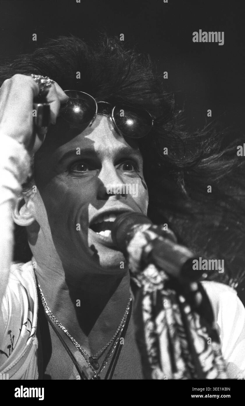 Lead singer Steven Tyler of the rock band Aerosmith is shown performing ...