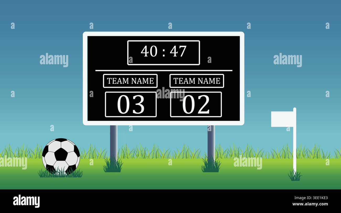 Soccer game scoreboard with team scores and time on green grass field. Stock Vector