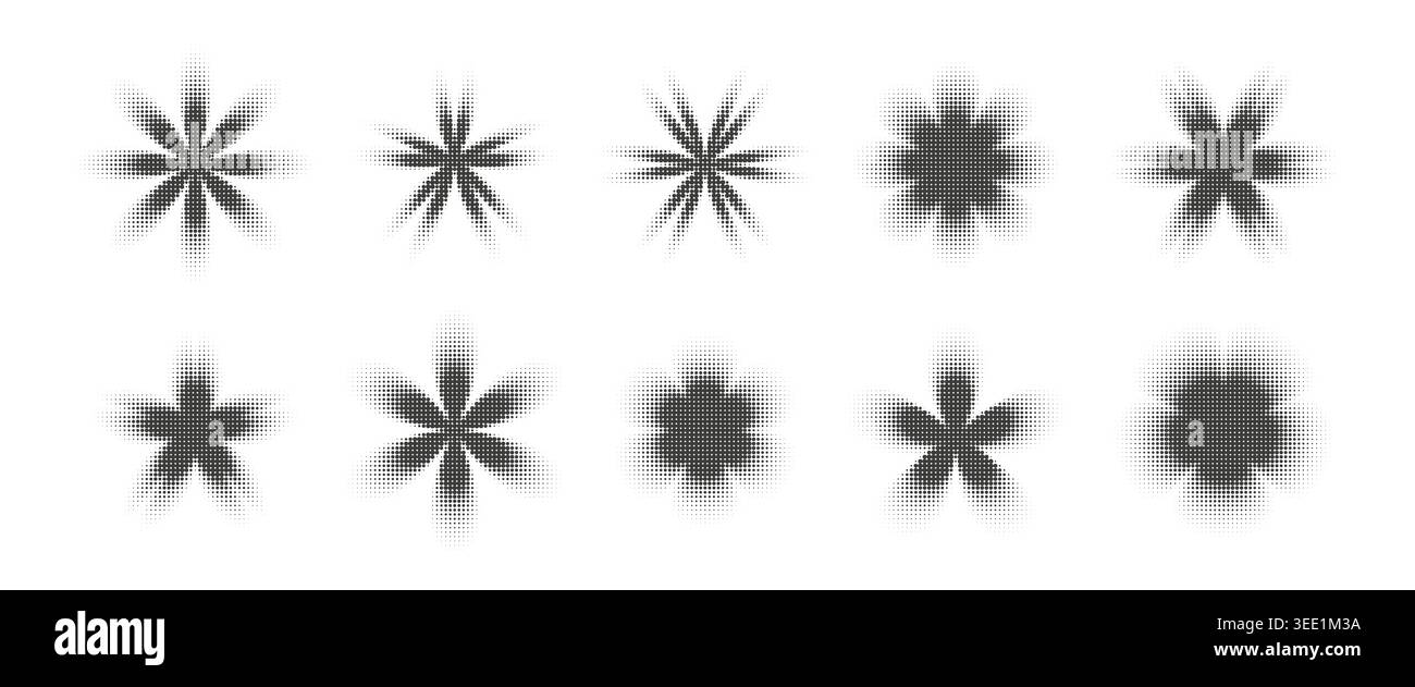 Brutalism flower shapes with dotted halftone effect Stock Vector