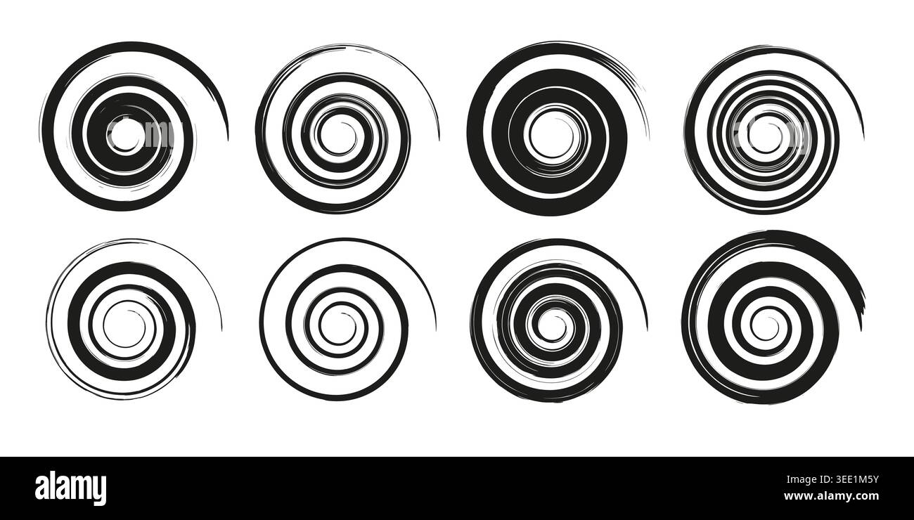 Spiral brush stroke set. Swirl motion design elements collection Stock Vector