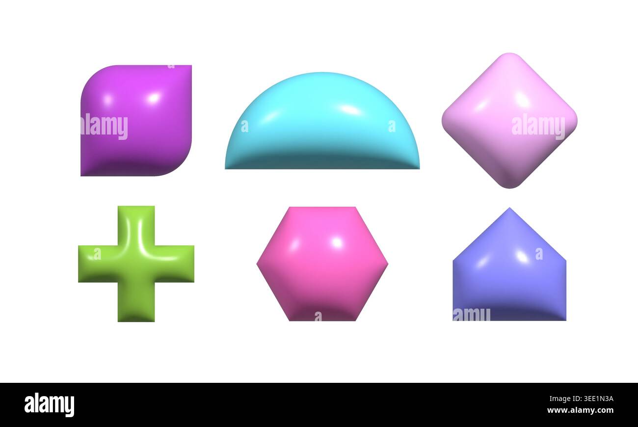 Trendy 3d inflated shapes collection. Plastic render effect vector doodle form set. Stock Vector