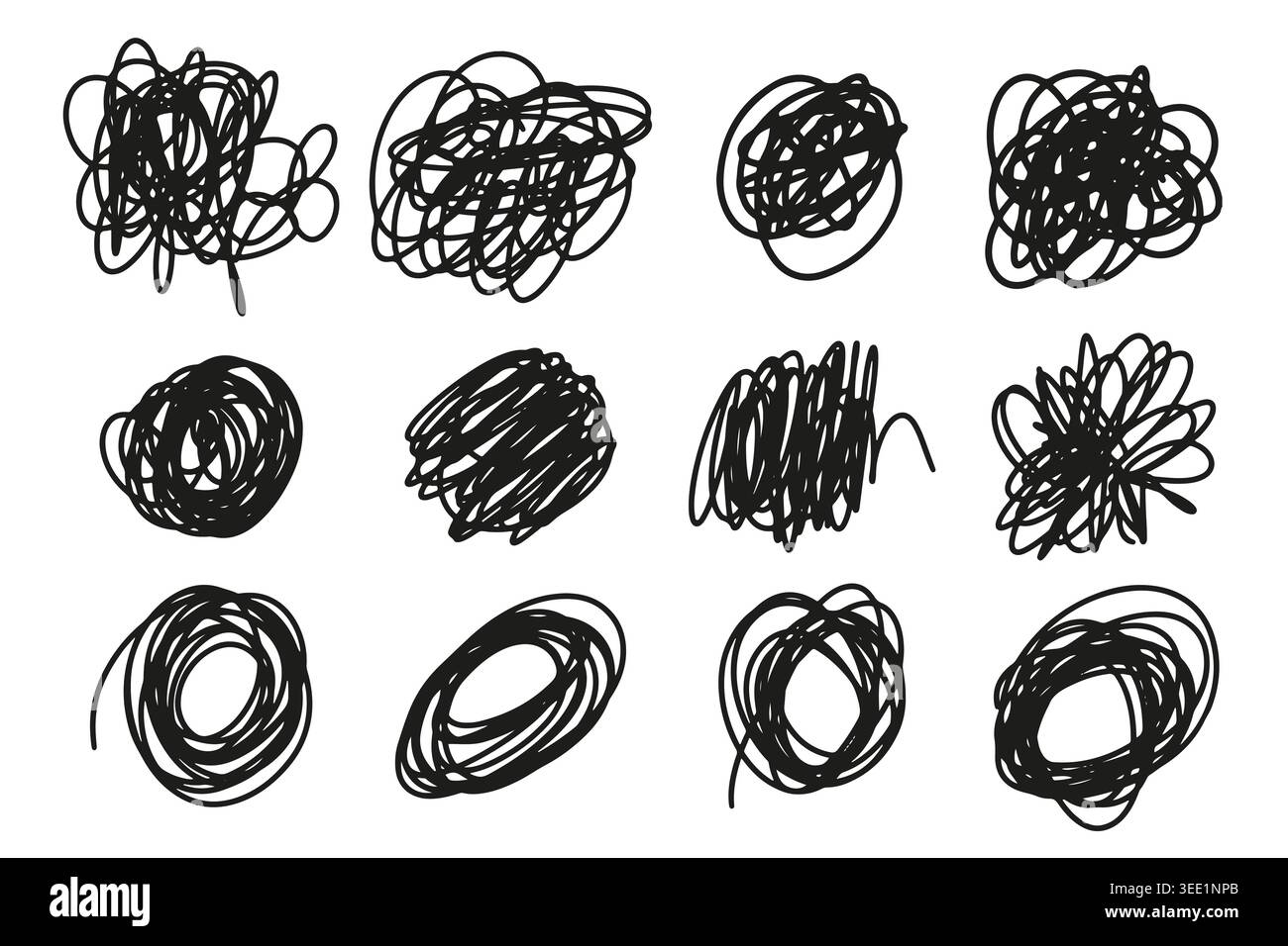 Abstract doodle chaotic lines set. Collection of random messy tangled scribbles. Stock Vector