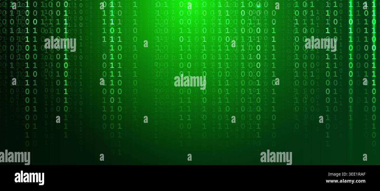 01 Binary Code Digital Technology Green Matrix Background for Digital Transformation, Programming Development, Cybersecurity Tech, AI, Data Analytics Stock Vector